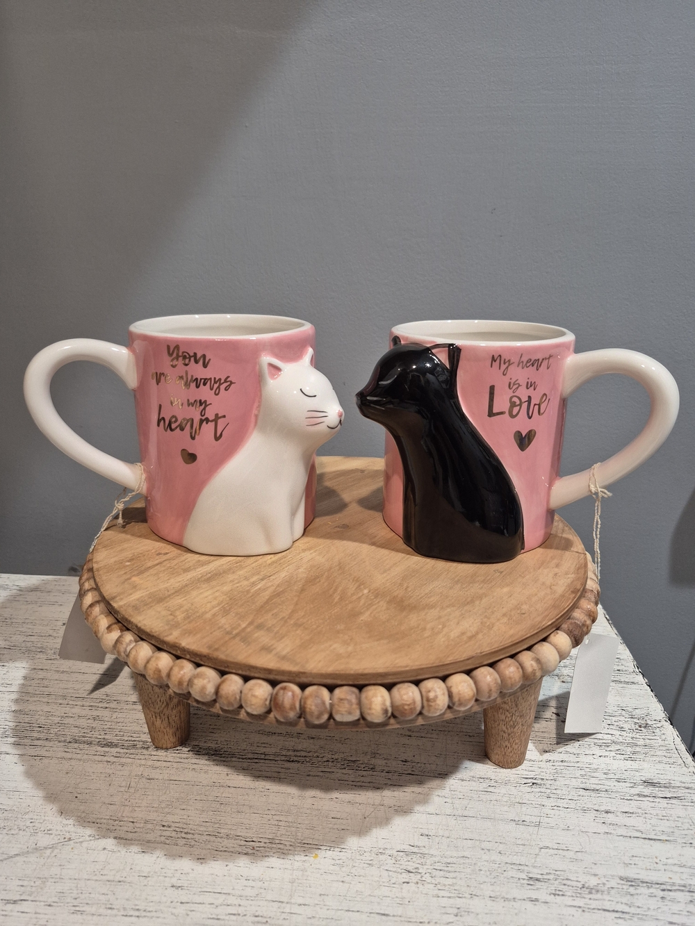 3D Kissing Cats Coffee Mugs Set Of 2 - Cute Ceramic Pair Black White Pink Nwt